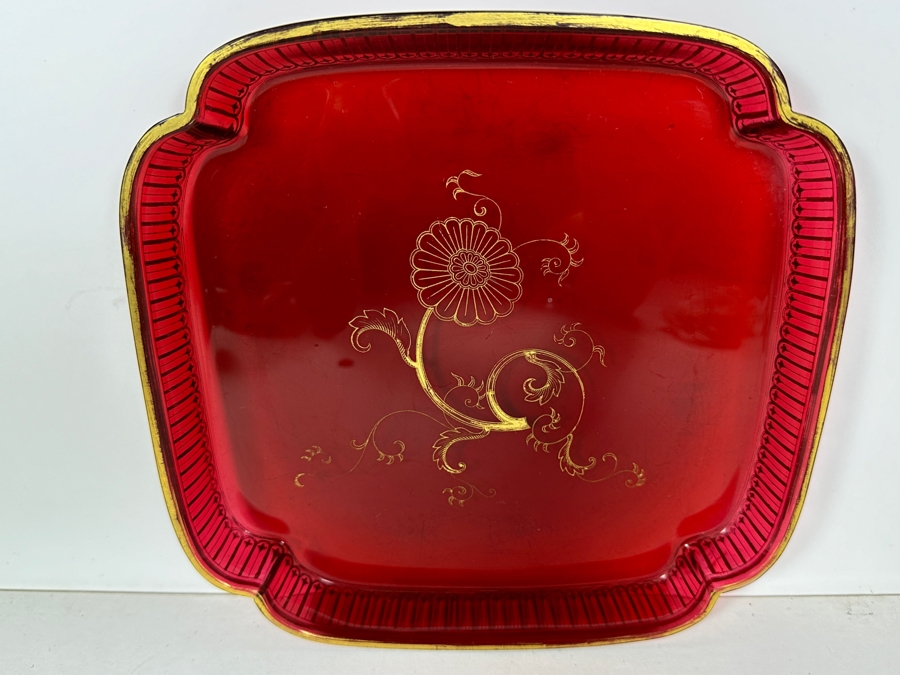 Vintage Ruby Red Tray With Gold Decorations 8.5W X .75H [Photo 8]