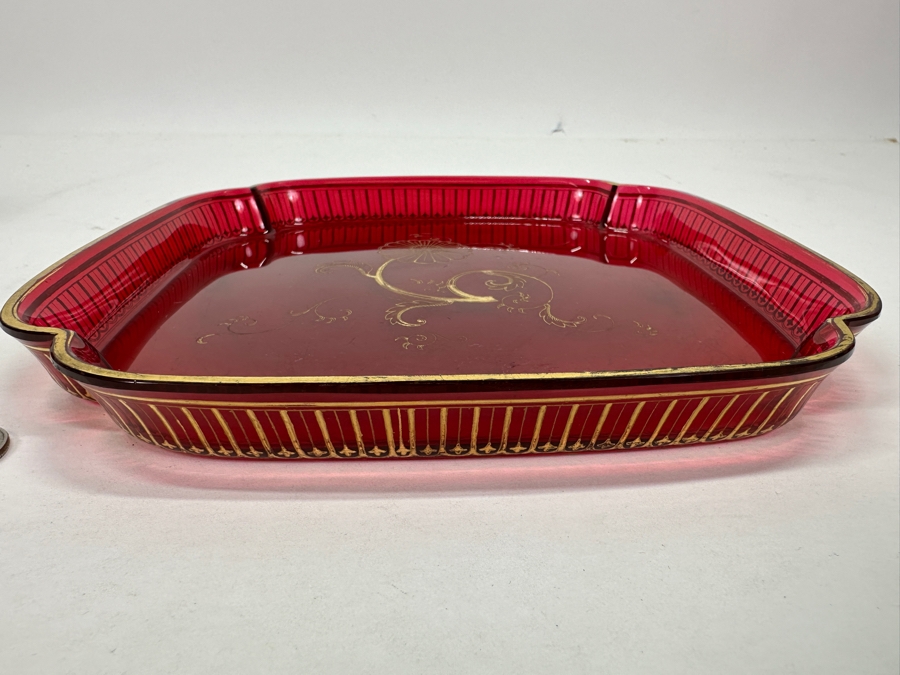 Vintage Ruby Red Tray With Gold Decorations 8.5W X .75H [Photo 4]