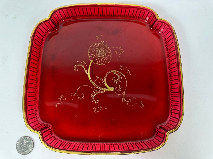 Vintage Ruby Red Tray With Gold Decorations 8.5W X .75H [Photo 5]
