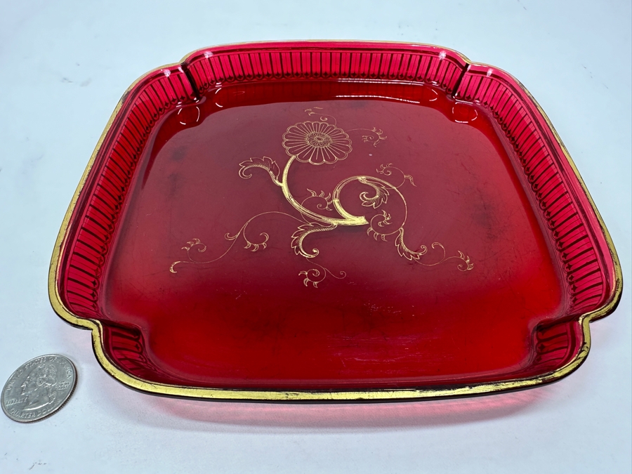 Vintage Ruby Red Tray With Gold Decorations 8.5W X .75H [Photo 2]