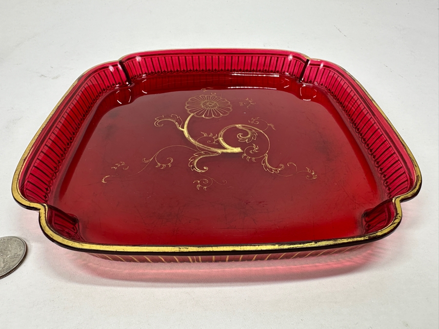 Vintage Ruby Red Tray With Gold Decorations 8.5W X .75H [Photo 3]
