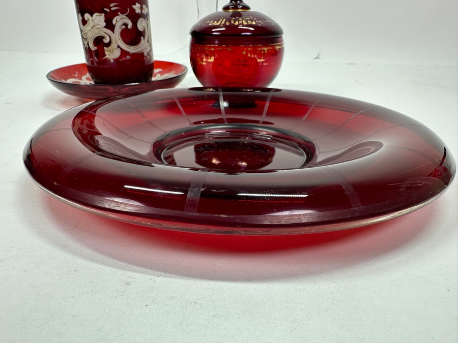 Just Added - Collection Of Vintage Ruby Red Glassware With Hand Painted White & Gold Decorations [Photo 10]