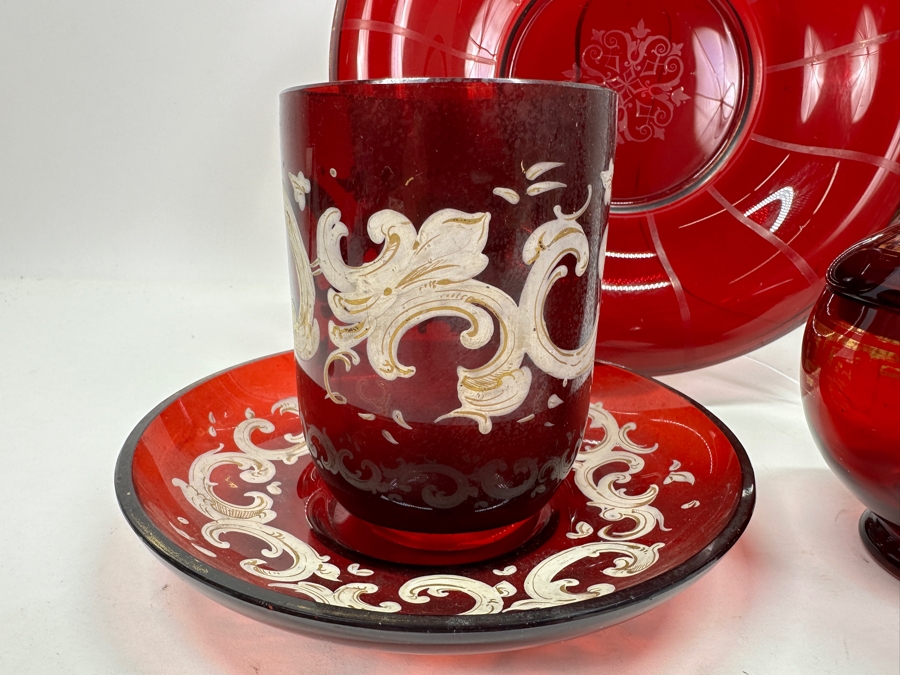 Just Added - Collection Of Vintage Ruby Red Glassware With Hand Painted White & Gold Decorations [Photo 5]