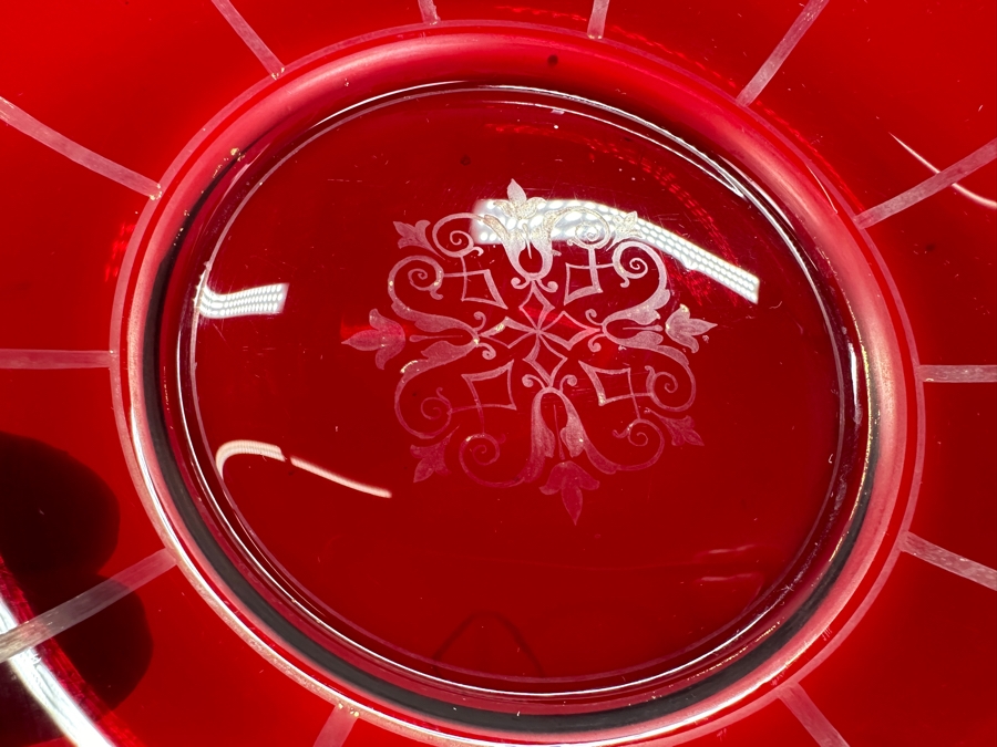 Just Added - Collection Of Vintage Ruby Red Glassware With Hand Painted White & Gold Decorations [Photo 8]