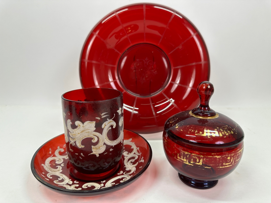 Just Added - Collection Of Vintage Ruby Red Glassware With Hand Painted White & Gold Decorations [Photo 2]