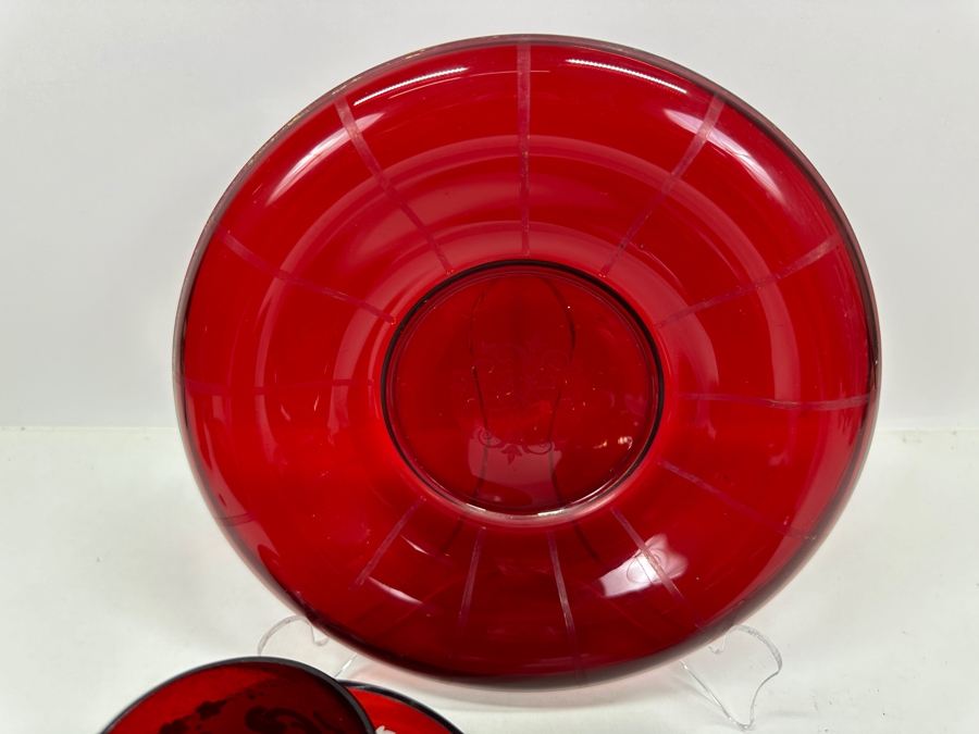 Just Added - Collection Of Vintage Ruby Red Glassware With Hand Painted White & Gold Decorations [Photo 7]