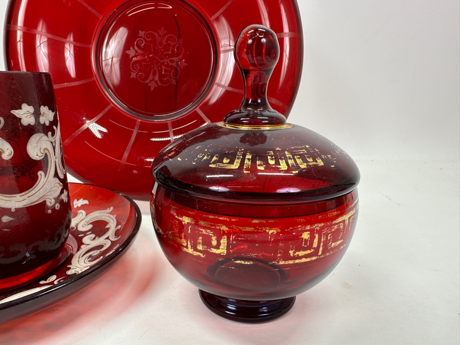 Just Added - Collection Of Vintage Ruby Red Glassware With Hand Painted White & Gold Decorations [Photo 4]
