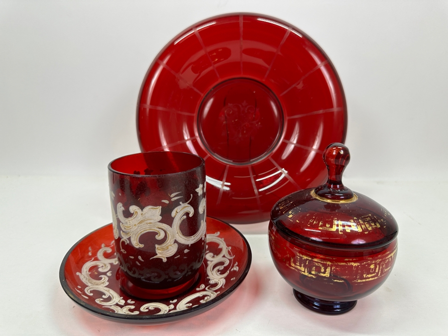 Just Added - Collection Of Vintage Ruby Red Glassware With Hand Painted White & Gold Decorations [Photo 3]
