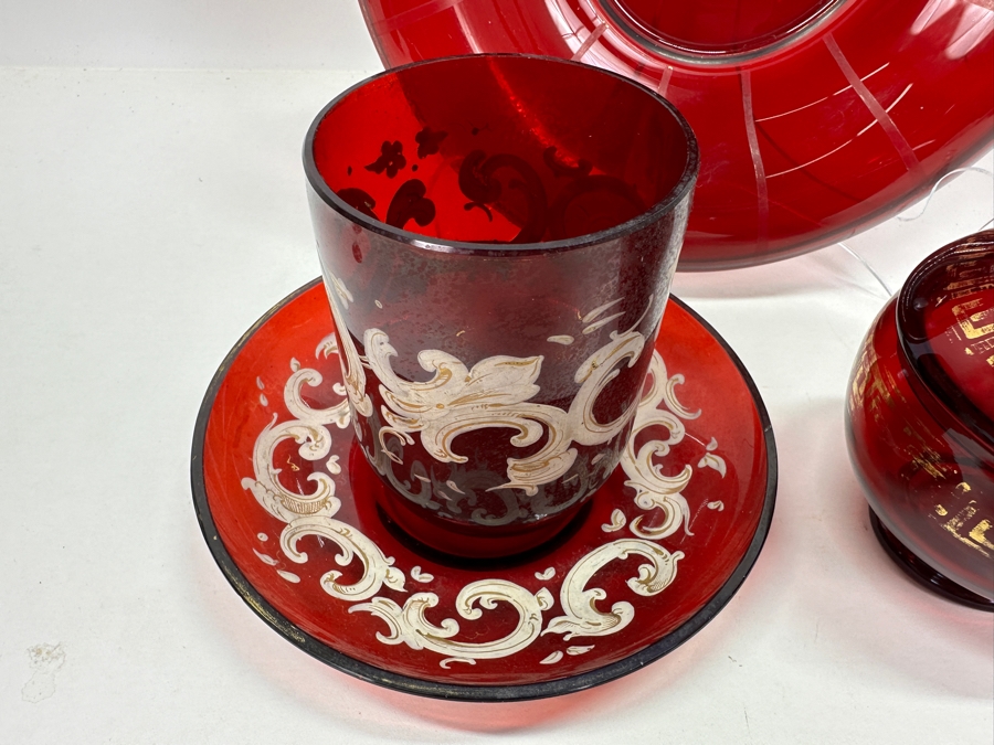 Just Added - Collection Of Vintage Ruby Red Glassware With Hand Painted White & Gold Decorations [Photo 6]