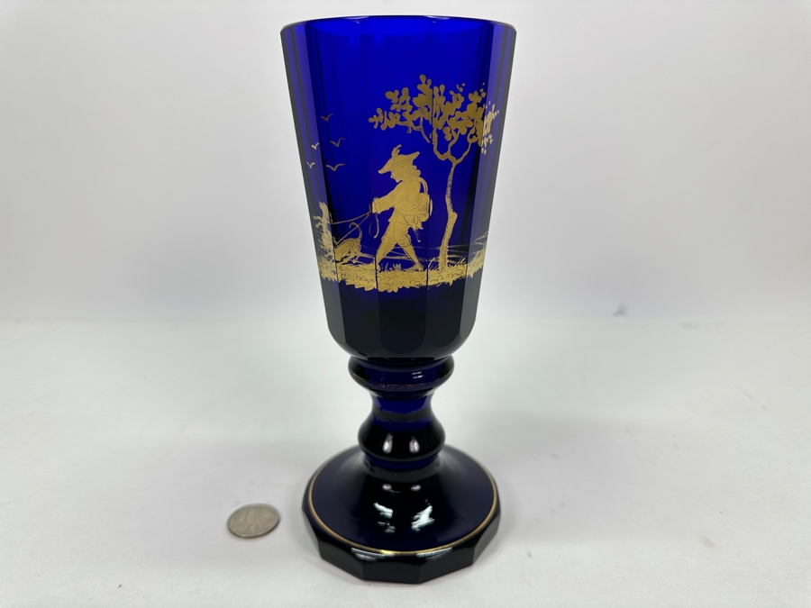 Antique Cobalt Blue Glass Goblet Biedermeier Period With Hand Painted Gold Decorations 8.5H [Photo 2]