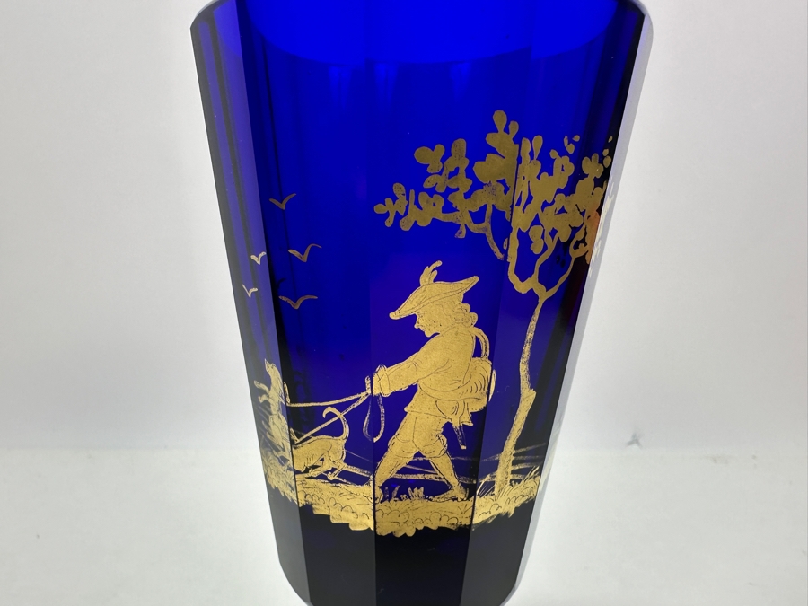 Antique Cobalt Blue Glass Goblet Biedermeier Period With Hand Painted Gold Decorations 8.5H [Photo 3]