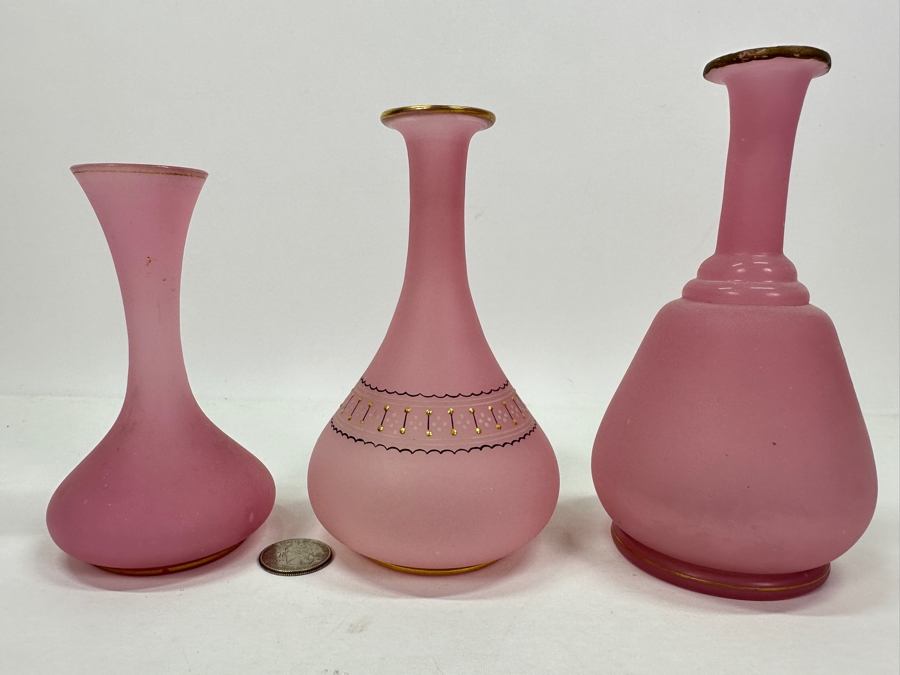 Three Antique Pink Opaline Glass Vases 5.5H - 6.5H [Photo 2]