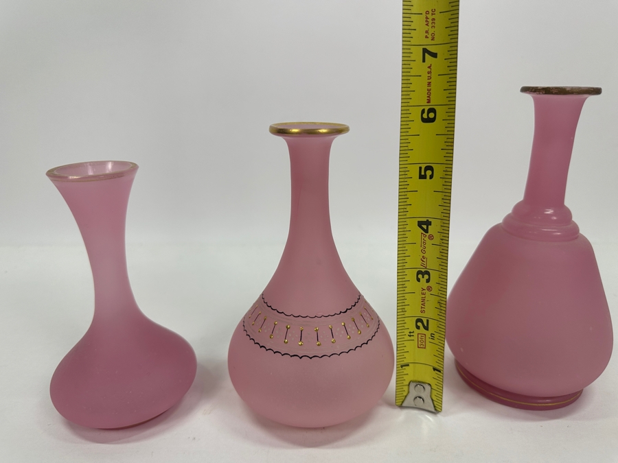 Three Antique Pink Opaline Glass Vases 5.5H - 6.5H [Photo 7]