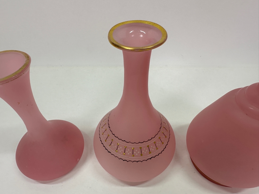 Three Antique Pink Opaline Glass Vases 5.5H - 6.5H [Photo 4]