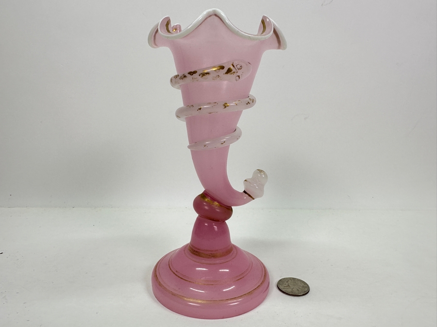 Pink Cornucopia Opaline Glass Vase With Applied Coiled Snake 7.5'H Appraised $240 [Photo 2]