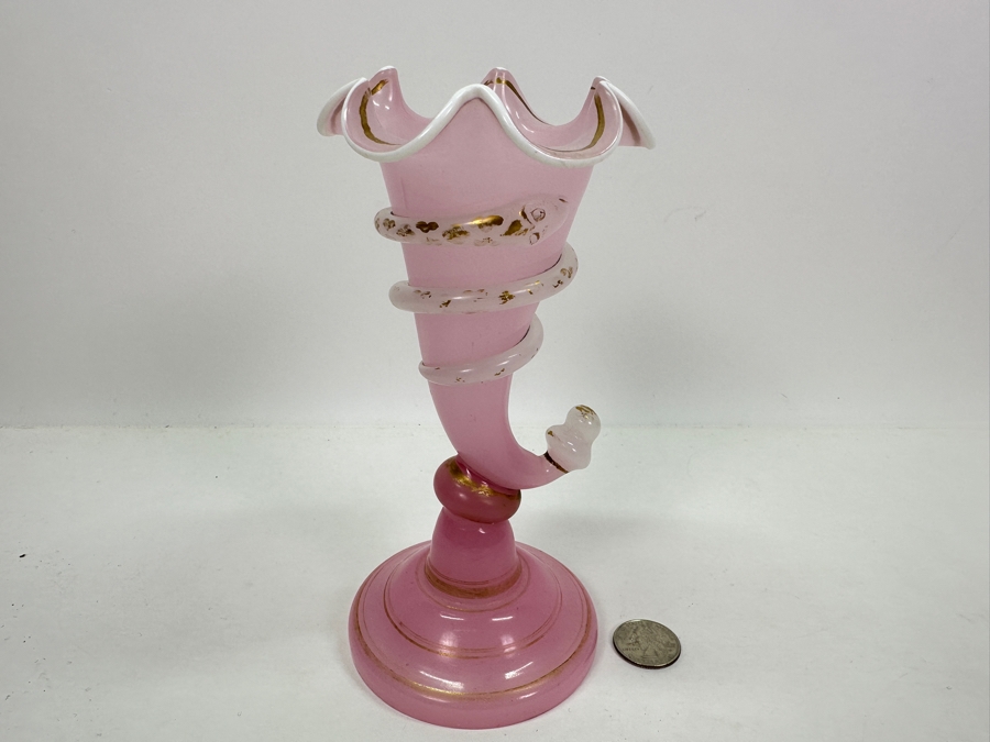 Pink Cornucopia Opaline Glass Vase With Applied Coiled Snake 7.5'H Appraised $240 [Photo 3]