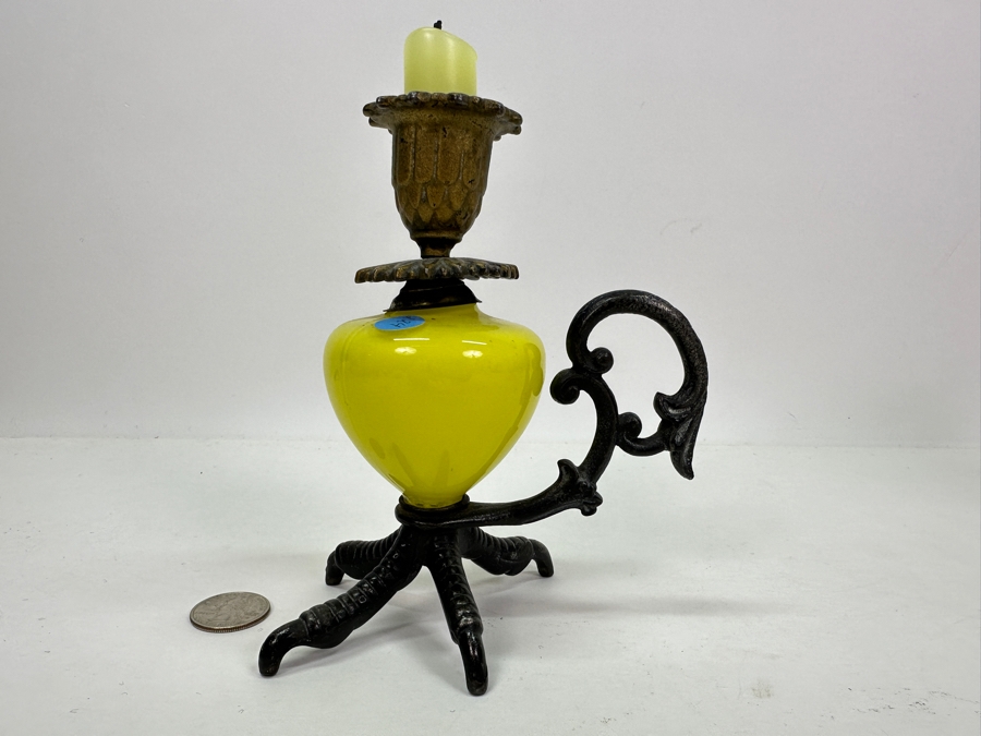 Antique Eagle Claw Yellow Opaline Glass Candle Holder Chamberstick 6H [Photo 2]