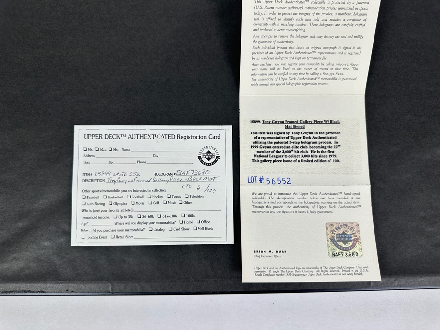 Tony Gwynn Hand Signed Limited Edition Upper Deck Photograph Numbered 6 Of 100 With COA 7.5 X 9 Framed 21 X 21 [Photo 15]