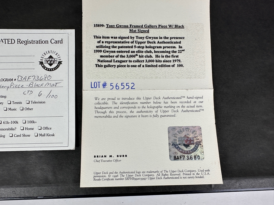 Tony Gwynn Hand Signed Limited Edition Upper Deck Photograph Numbered 6 Of 100 With COA 7.5 X 9 Framed 21 X 21 [Photo 16]