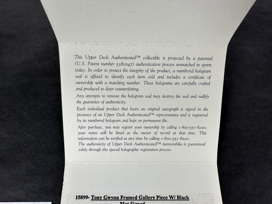 Tony Gwynn Hand Signed Limited Edition Upper Deck Photograph Numbered 6 Of 100 With COA 7.5 X 9 Framed 21 X 21 [Photo 17]