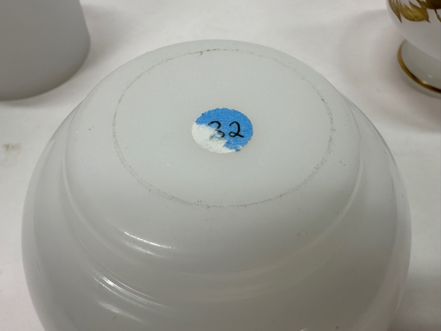 Just Added - Pair Of Antique White Opaline Glass Bottles 6'H & 7'H With Stoppers And Antique Opaline Glass Bowl [Photo 6]