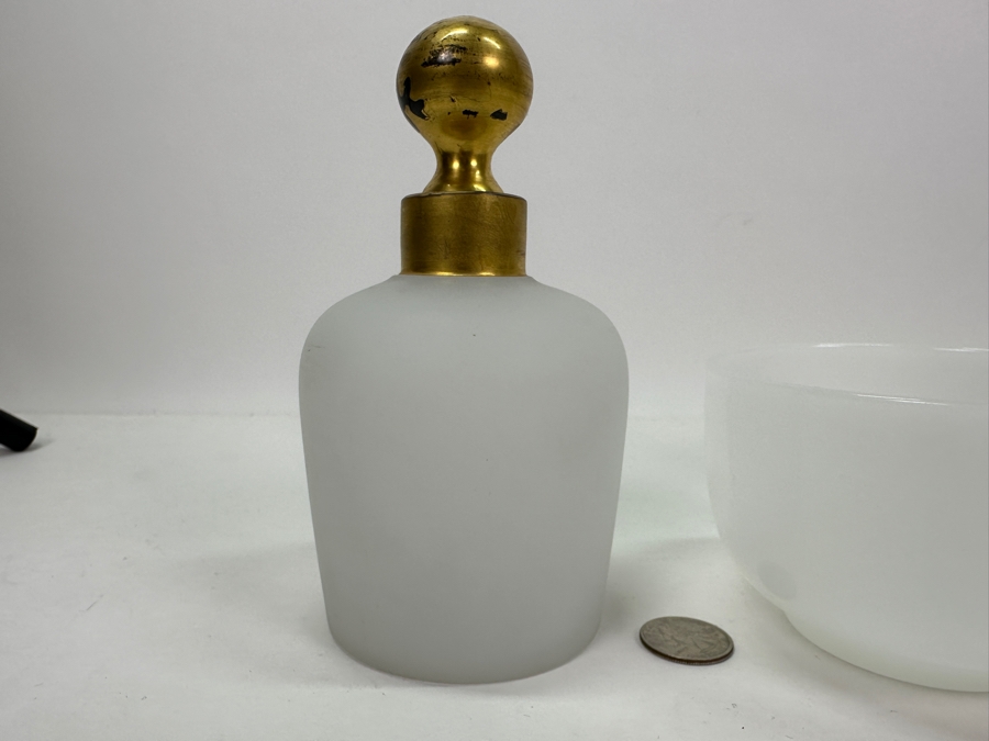 Just Added - Pair Of Antique White Opaline Glass Bottles 6'H & 7'H With Stoppers And Antique Opaline Glass Bowl [Photo 4]