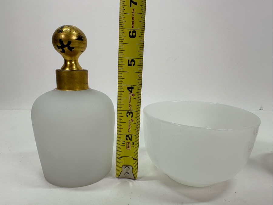 Just Added - Pair Of Antique White Opaline Glass Bottles 6'H & 7'H With Stoppers And Antique Opaline Glass Bowl [Photo 11]
