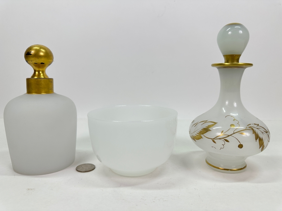 Just Added - Pair Of Antique White Opaline Glass Bottles 6'H & 7'H With Stoppers And Antique Opaline Glass Bowl [Photo 2]