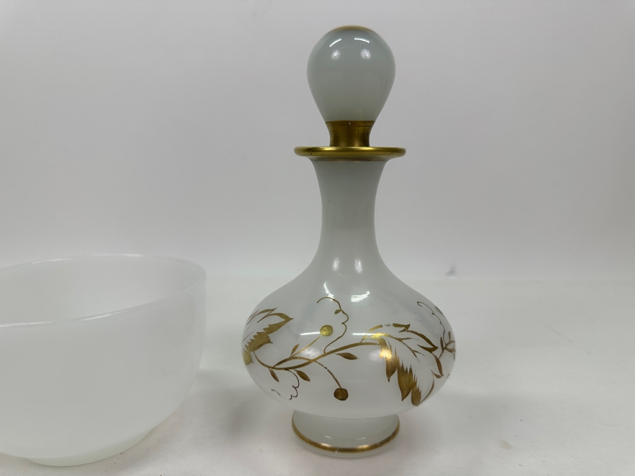 Just Added - Pair Of Antique White Opaline Glass Bottles 6'H & 7'H With Stoppers And Antique Opaline Glass Bowl [Photo 3]