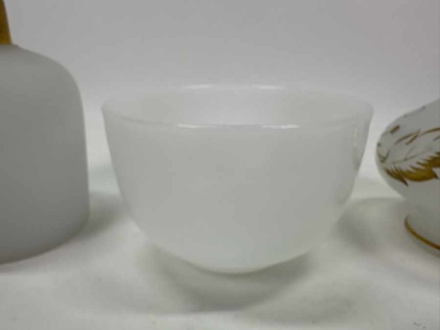 Just Added - Pair Of Antique White Opaline Glass Bottles 6'H & 7'H With Stoppers And Antique Opaline Glass Bowl [Photo 5]