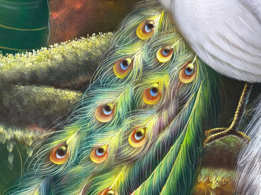 Original Oil Painting On Canvas Of Two Peacocks Unsigned 3'W X 4'H [Photo 4]