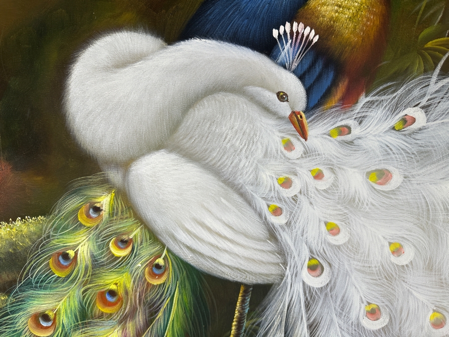 Original Oil Painting On Canvas Of Two Peacocks Unsigned 3'W X 4'H [Photo 2]