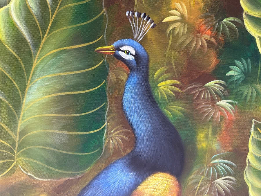Original Oil Painting On Canvas Of Two Peacocks Unsigned 3'W X 4'H [Photo 3]