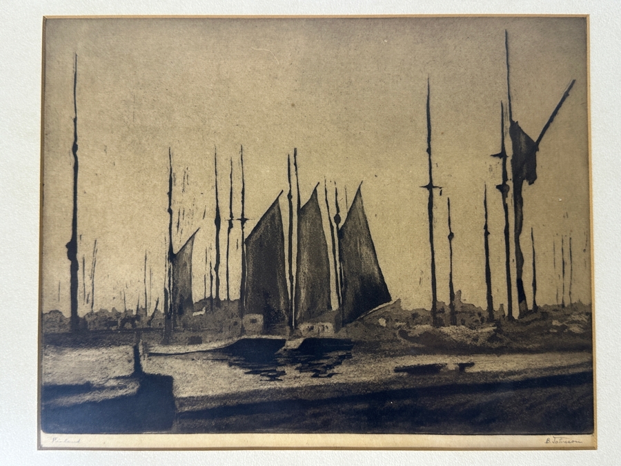 Antique Harbor Print Signed B. Johnson Finland 10.5 X 8.5 Framed 16.5 X 12.5 [Photo 2]