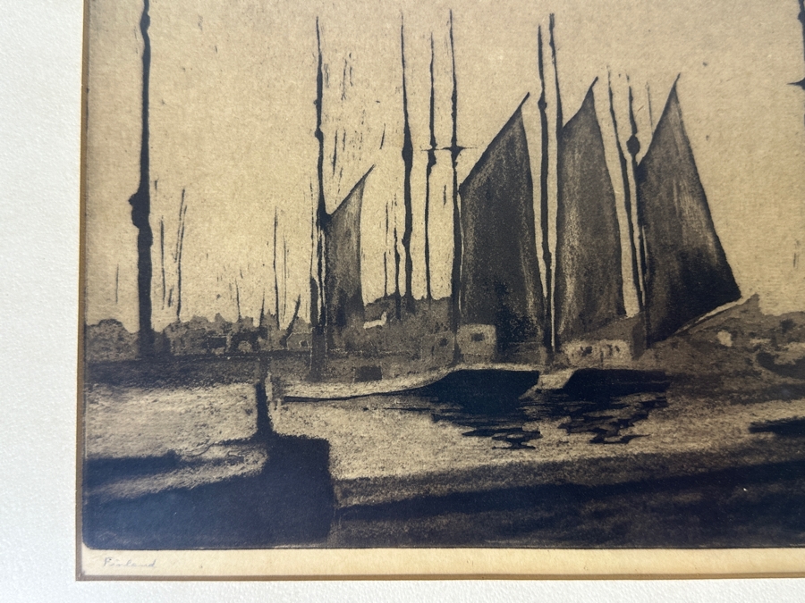 Antique Harbor Print Signed B. Johnson Finland 10.5 X 8.5 Framed 16.5 X 12.5 [Photo 3]