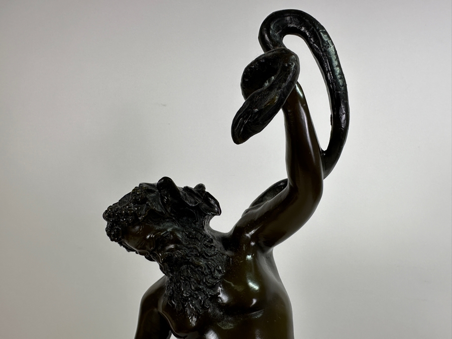 Vintage Bronze Sculpture Of Man (Bacchus) Holding A Snake With Marble Base 24H [Photo 5]
