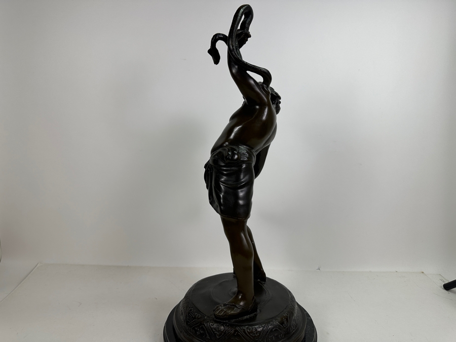 Vintage Bronze Sculpture Of Man (Bacchus) Holding A Snake With Marble Base 24H [Photo 9]