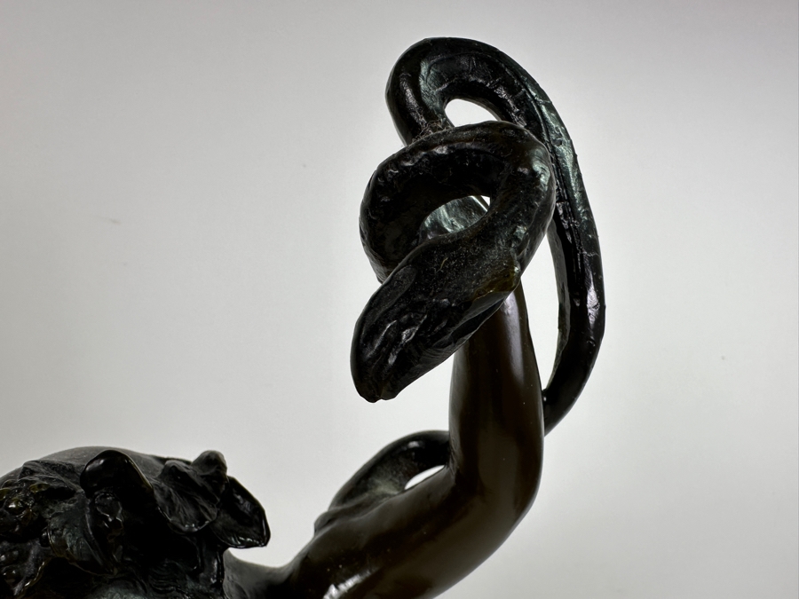 Vintage Bronze Sculpture Of Man (Bacchus) Holding A Snake With Marble Base 24H [Photo 4]