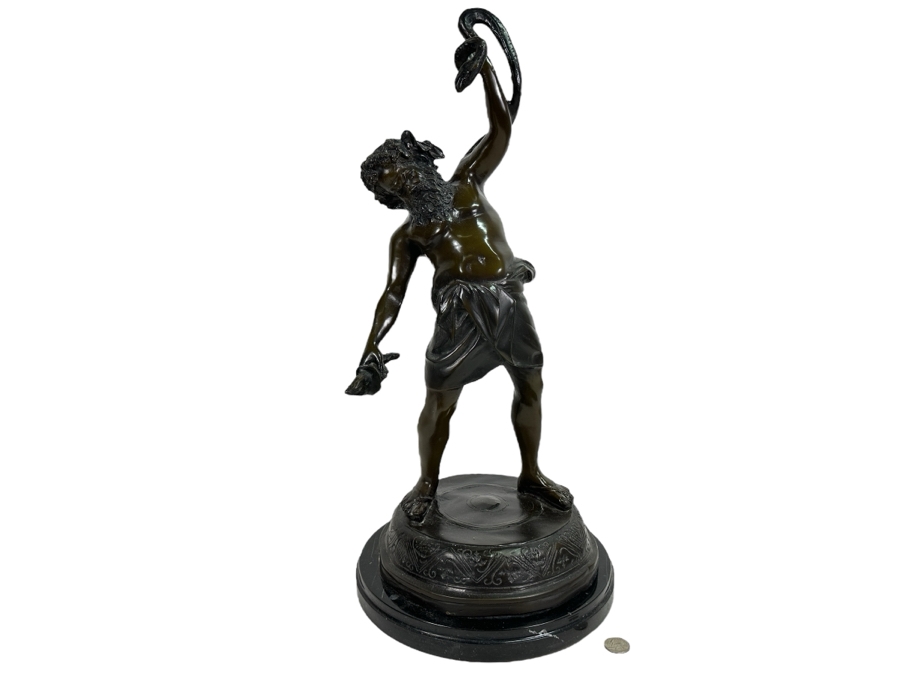 Vintage Bronze Sculpture Of Man (Bacchus) Holding A Snake With Marble Base 24H [Photo 2]