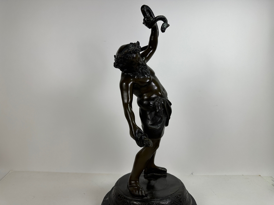 Vintage Bronze Sculpture Of Man (Bacchus) Holding A Snake With Marble Base 24H [Photo 11]