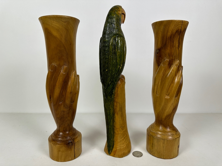 Carved Wooden Parrot Sculpture And Pair Of Wooden Carved Hand Vases 13H [Photo 7]
