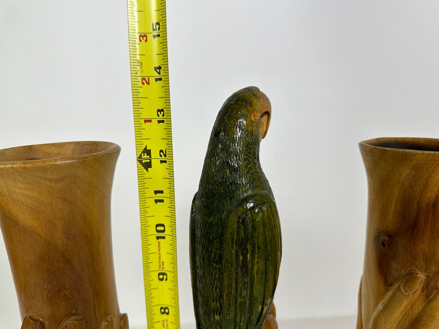 Carved Wooden Parrot Sculpture And Pair Of Wooden Carved Hand Vases 13H [Photo 9]