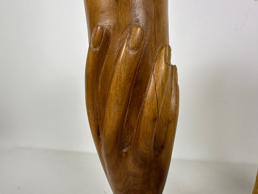 Carved Wooden Parrot Sculpture And Pair Of Wooden Carved Hand Vases 13H [Photo 3]