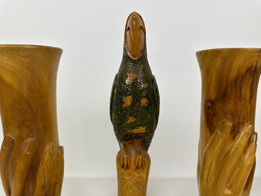 Carved Wooden Parrot Sculpture And Pair Of Wooden Carved Hand Vases 13H [Photo 6]
