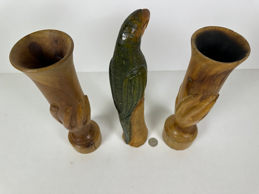 Carved Wooden Parrot Sculpture And Pair Of Wooden Carved Hand Vases 13H [Photo 8]