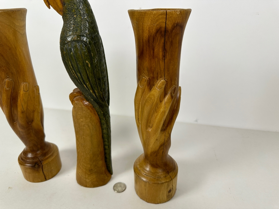 Carved Wooden Parrot Sculpture And Pair Of Wooden Carved Hand Vases 13H [Photo 4]