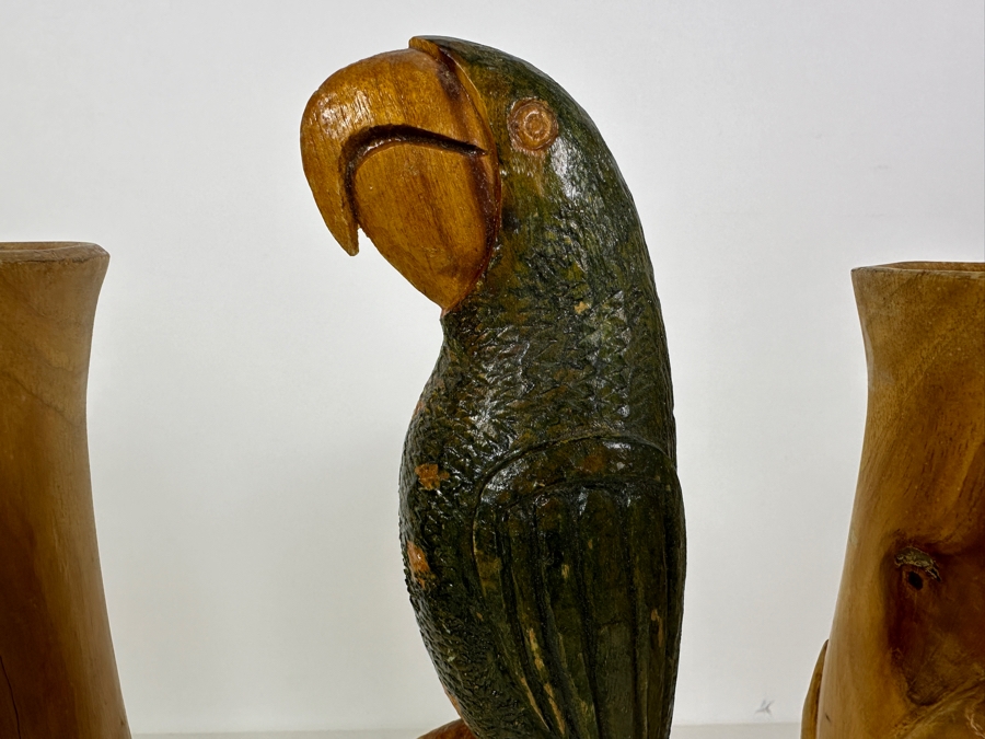 Carved Wooden Parrot Sculpture And Pair Of Wooden Carved Hand Vases 13H [Photo 5]