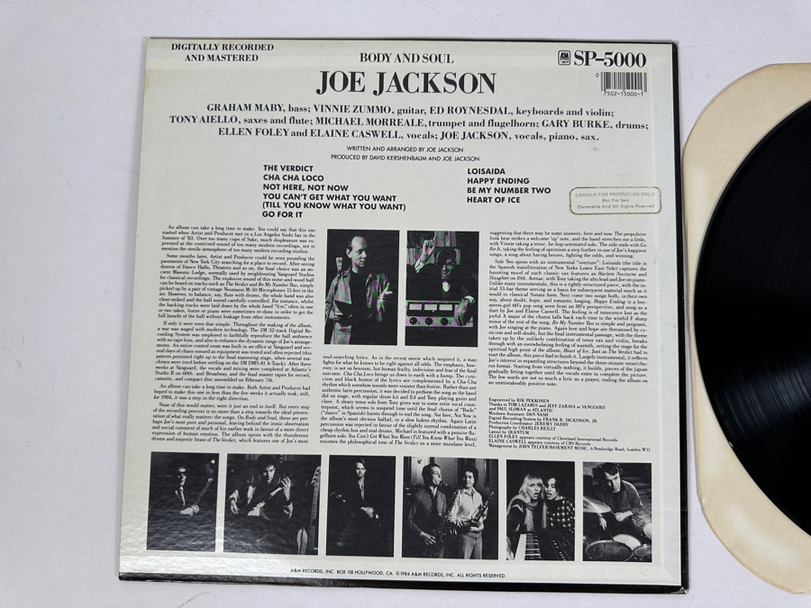 Vintage 1984 Joe Jackson - Body And Soul A&M Records SP-05000 Vinyl Record Promo Copy [Photo 3]