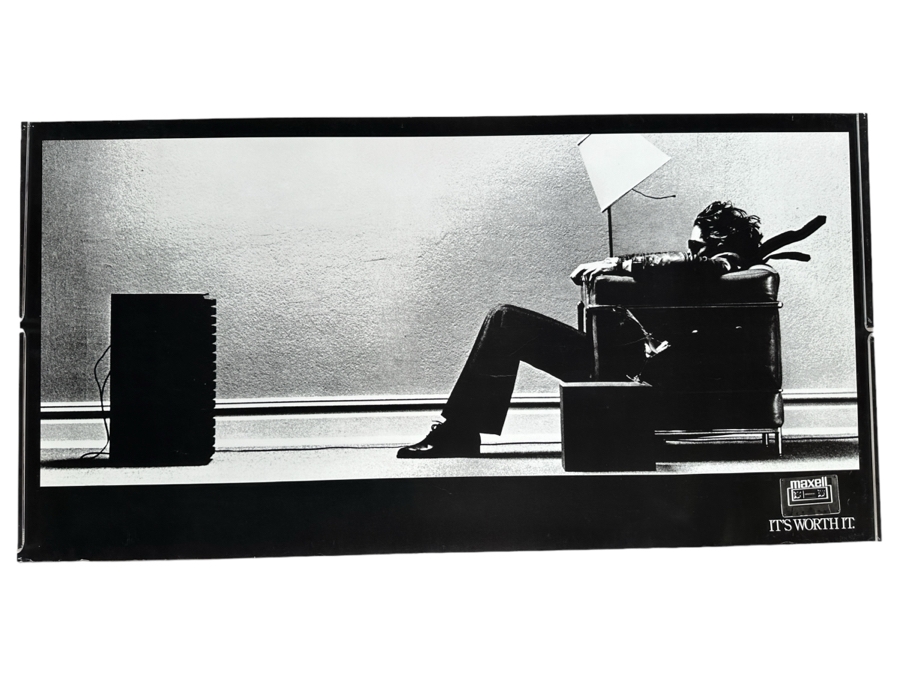 Vintage Original 'Blown Away' Steve Steigman Maxell Cassette Tapes Promotional Poster Featuring A Man Seated On A Le Corbusier Armchair 43.5 X 22 [Photo 1]