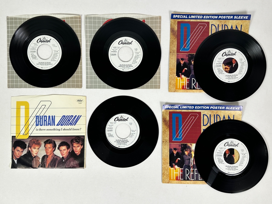 Five Duran Duran 45 Rpm Records Pair Of Special Limited Edition Poster Sleeves - The Reflex, Union Of The Snake, Is There Something I Should Know, New Moon On Monday - All Promo Copies [Photo 1]